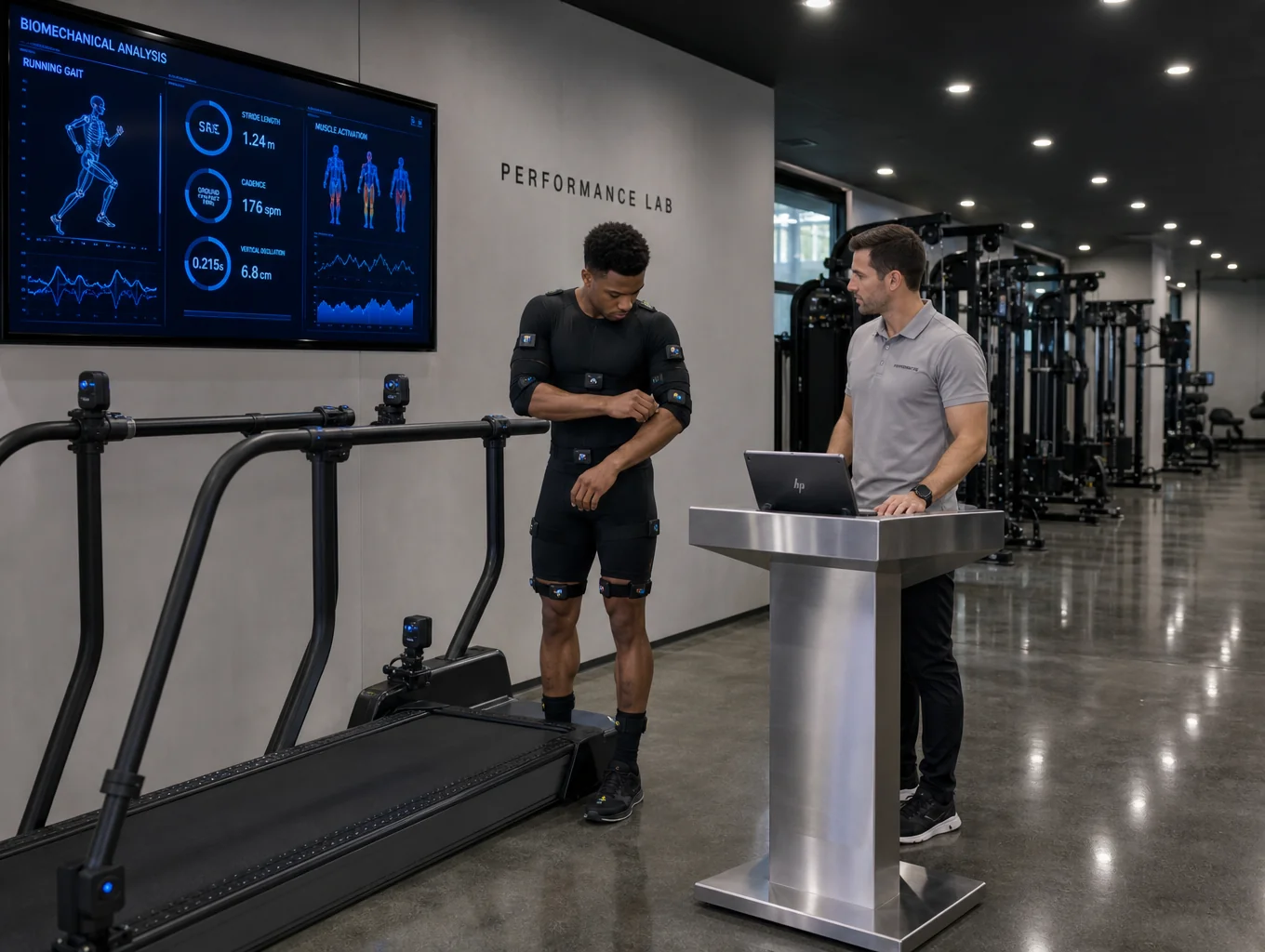 Expert clinician analyzing athletic performance data on a digital display